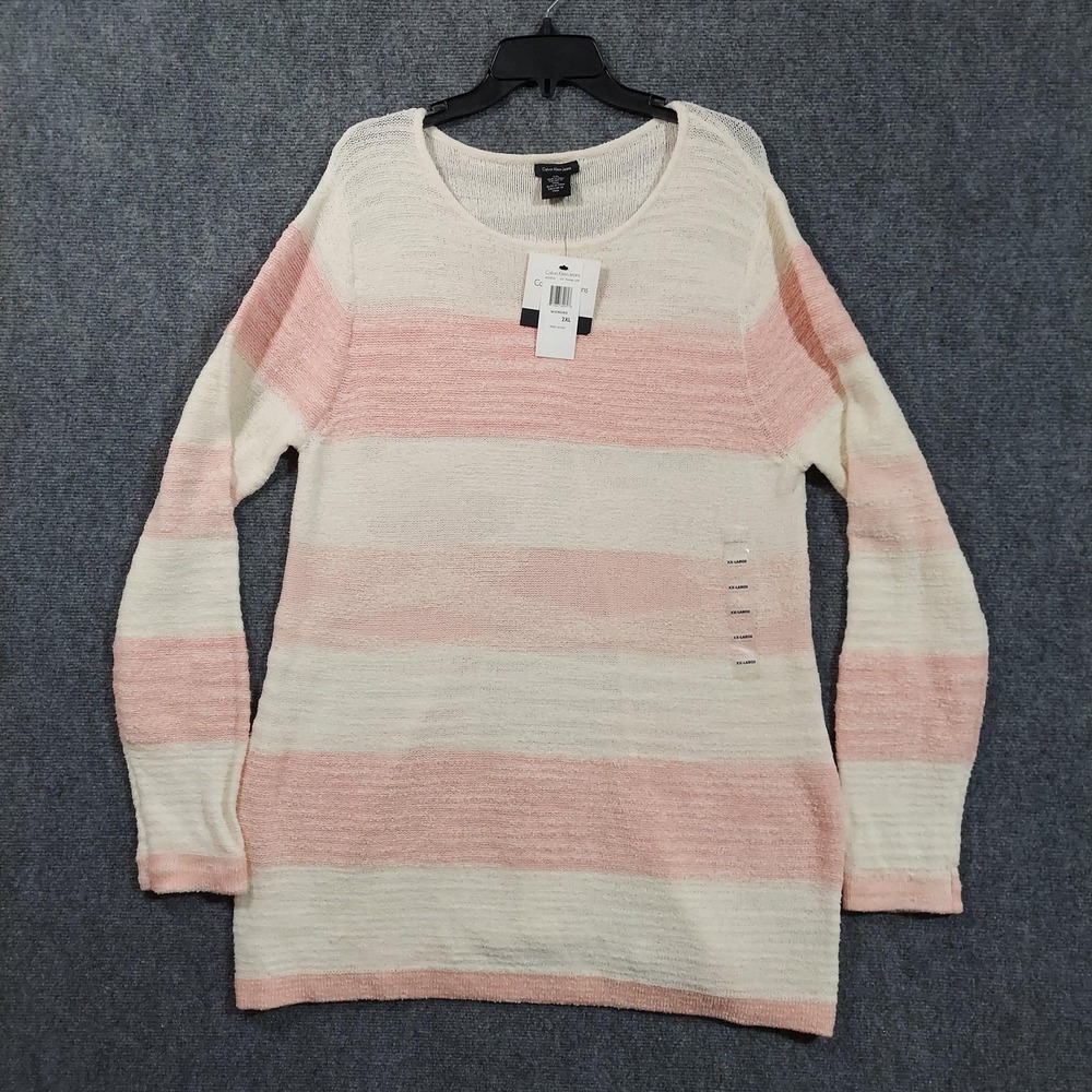 Calvin Klein Jeans Sweater Womens 2XL Flamingo Pink Striped Open Back Pullover‎